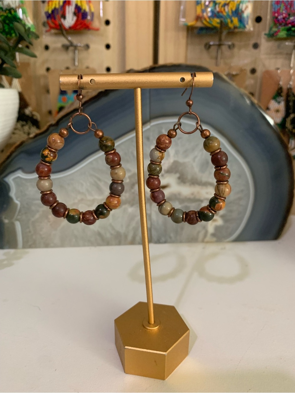 Earth-Tone Beaded Hoop Earrings - Women Jewelry